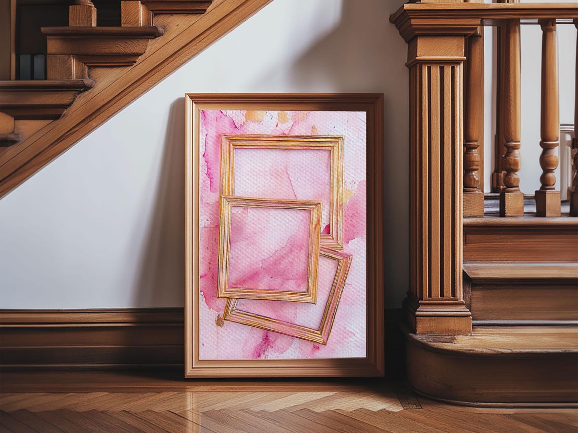 Golden Frames On Pink Watercolor Background Minimalist Wall Art Print - Image 4