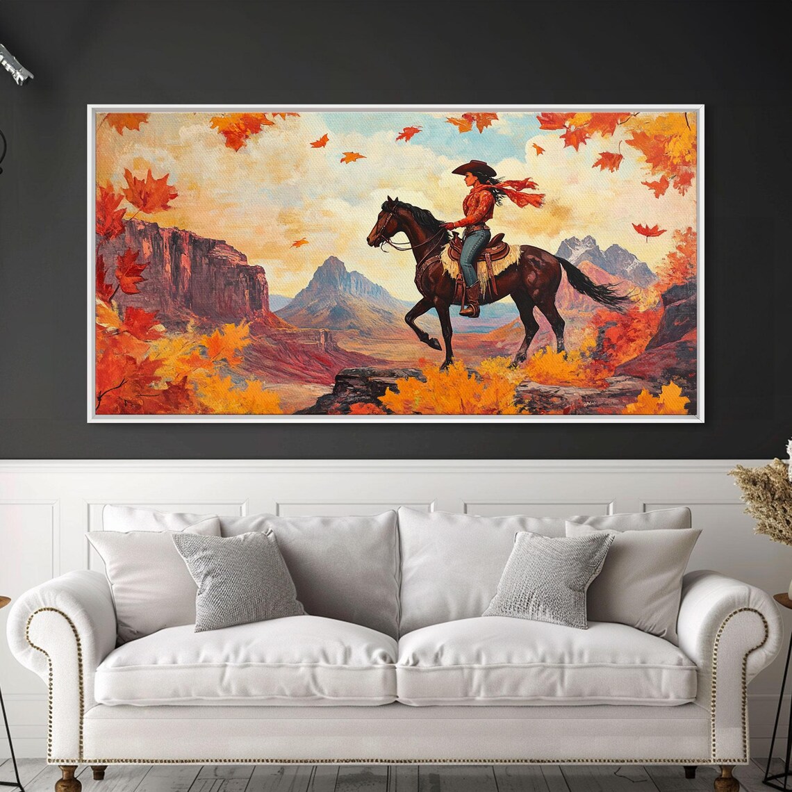 Cowgirl Riding Through Red Rock Canyon Golden Autumn Leaves Poster - Image 5