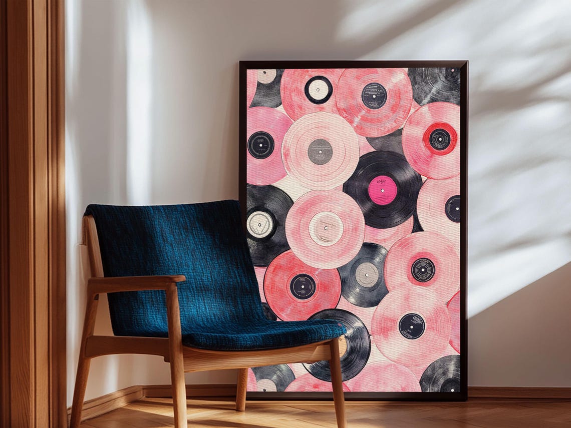 Pink And Black Vinyl Records Pattern Retro Music Wall Art Print