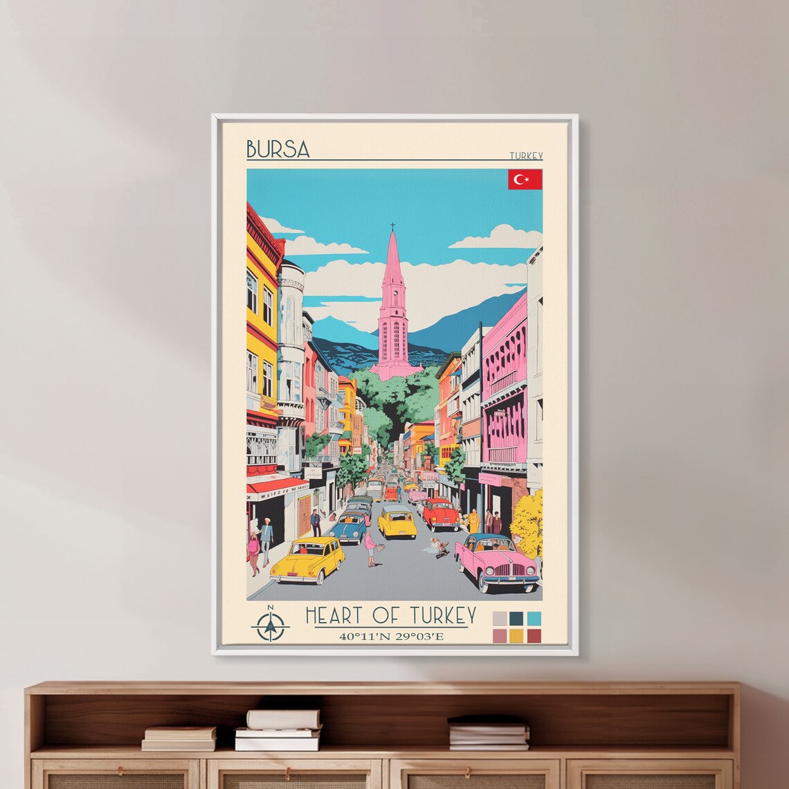Bursa Turkey Bustling Street Colorful Classic Cars Tower View Poster - Image 2