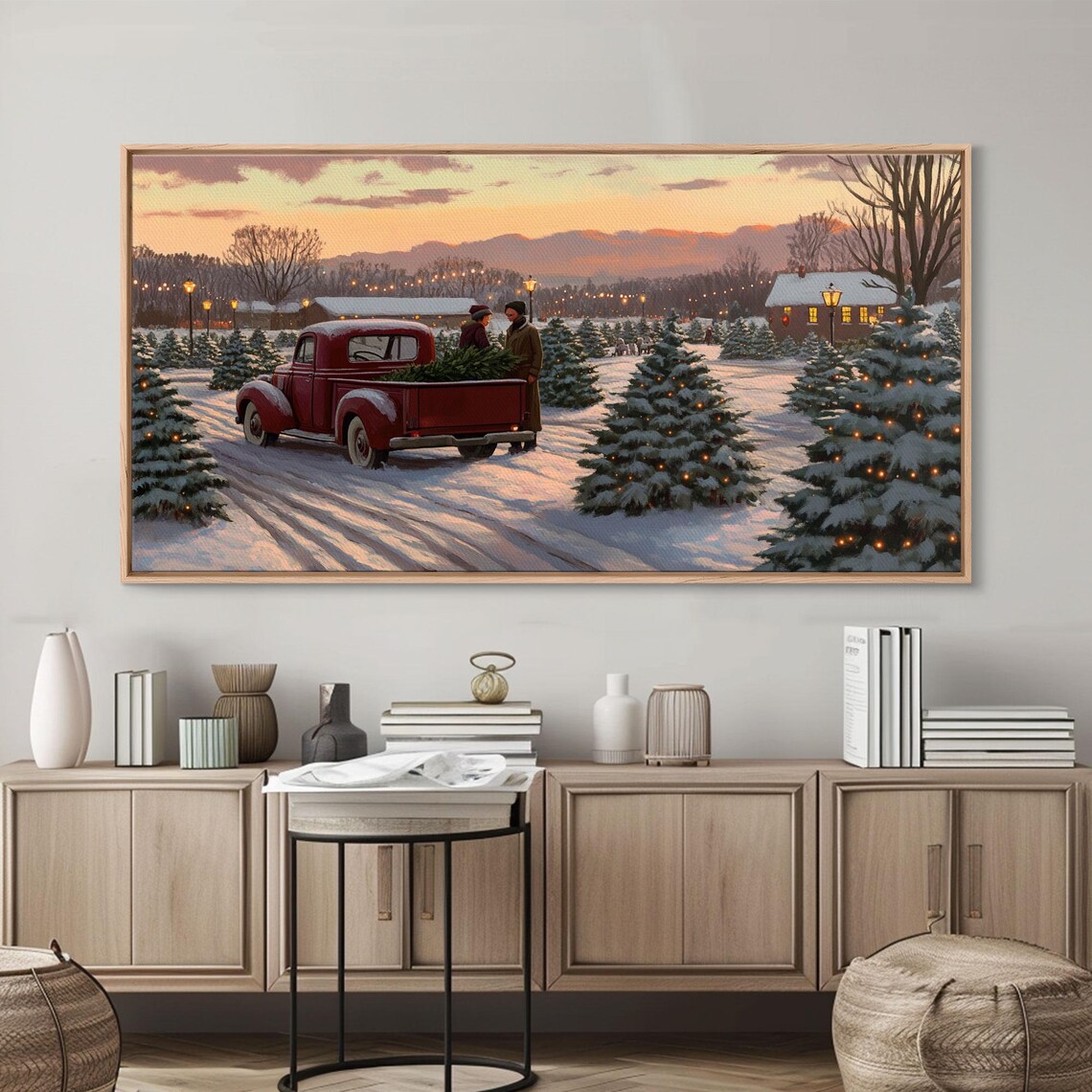Vintage Red Truck At Snowy Christmas Tree Farm Sunset Glow Poster - Image 5