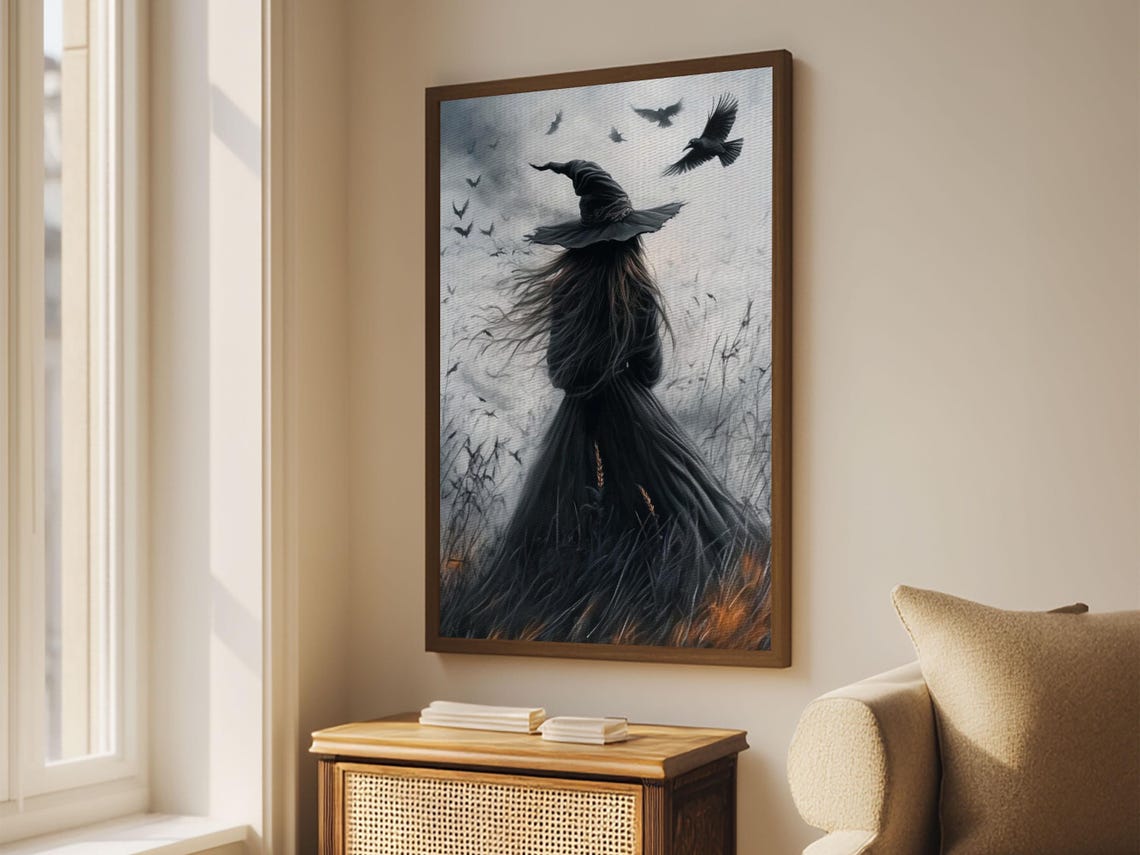 Witch With Crows From Behind Misty Field Gothic Spooky Season Poster - Image 2