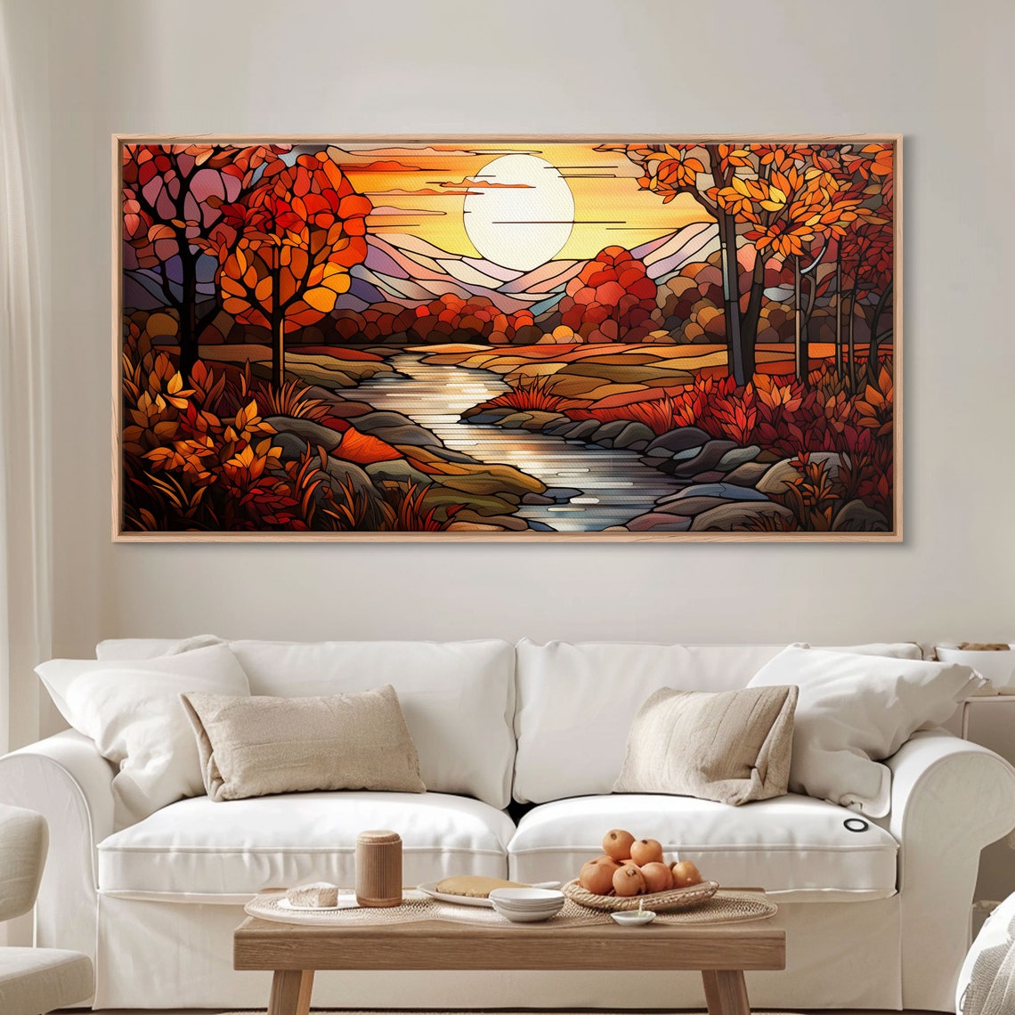 Stained Glass Autumn Valley River Sunset Fall Trees Panoramic Poster - Image 4