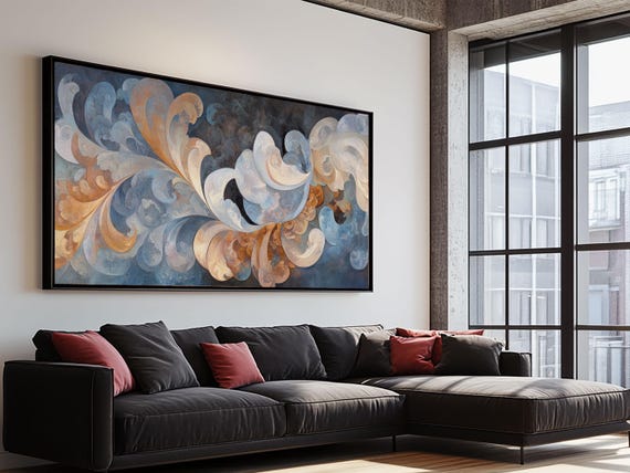Swirling Blue Orange Print Geometric Wall Art Nautical Rustic Decor Moody Abstract Artwork Idea Horizontal Living Room Design