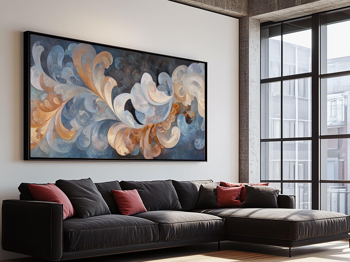 Blue Orange Swirling Clouds Abstract Modern Living Room Wall Art