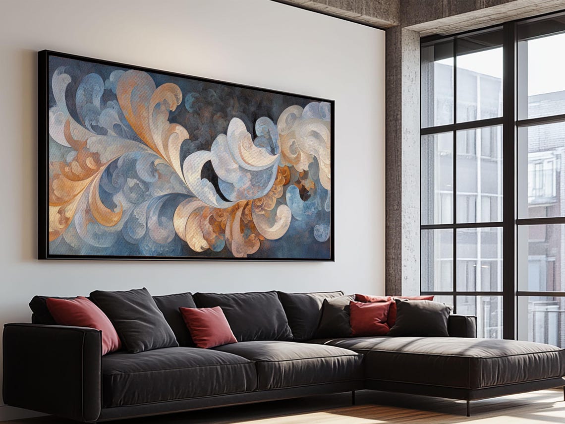 Swirling Blue Orange Print Geometric Wall Art Nautical Rustic Decor Moody Abstract Artwork Idea Horizontal Living Room Design