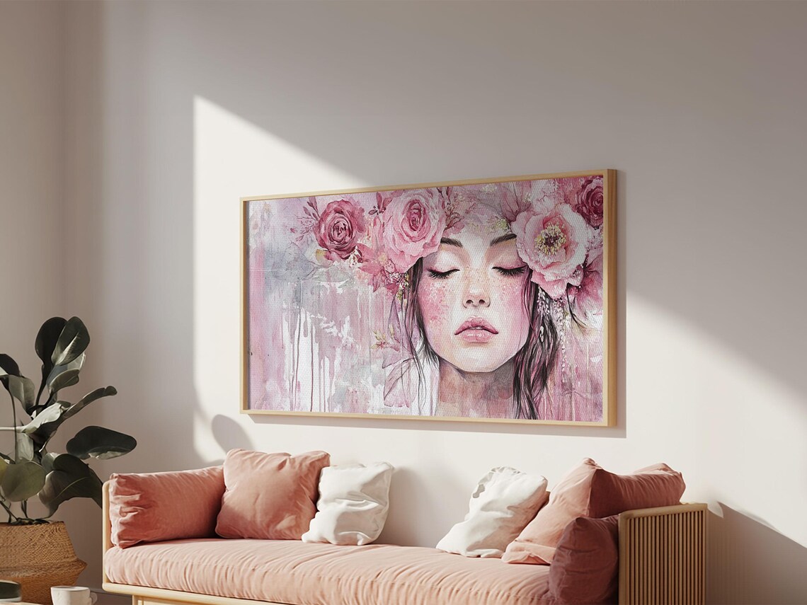 Feminine Goddess Portrait With Pink Roses Watercolor Dreamy Art Poster - Image 3