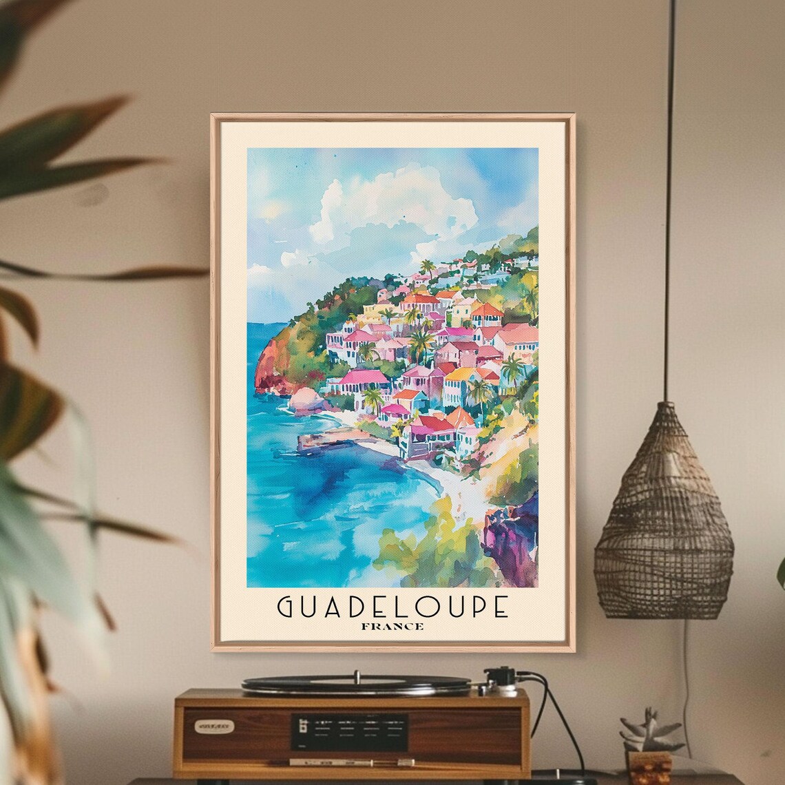 Guadeloupe France Colorful Hillside Town Turquoise Bay Travel Poster