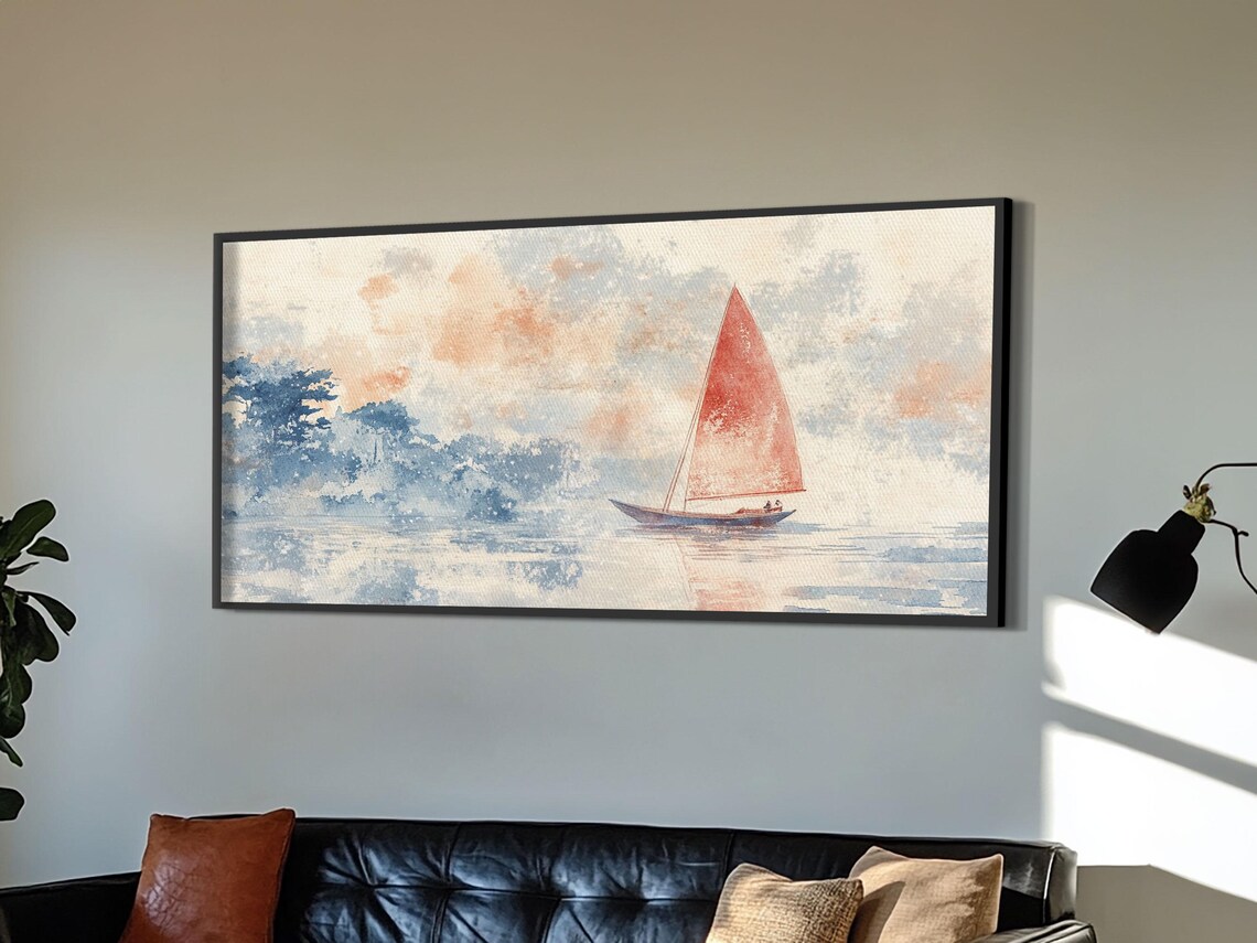 Sailboat With Red Sail On Calm Water Soft Watercolor Nautical Painting - Image 4