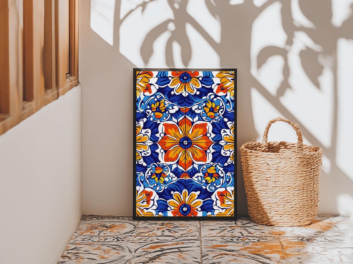 Mexican Talavera Tile Pattern Blue Orange Floral Folk Vibrant Art Poster - Image 2