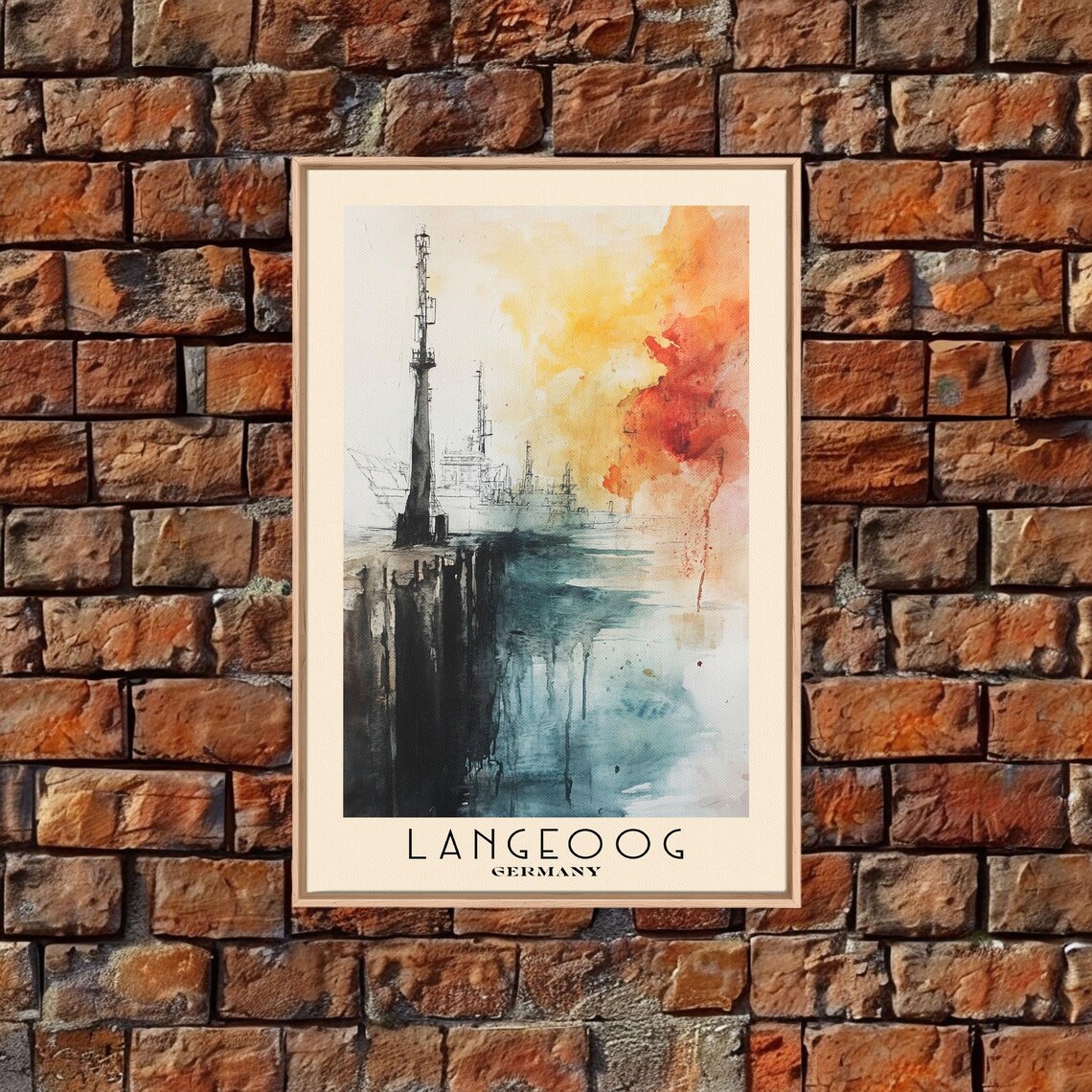 Langeoog Germany Harbor Ship Sunset Ink Wash Watercolor Poster - Image 4