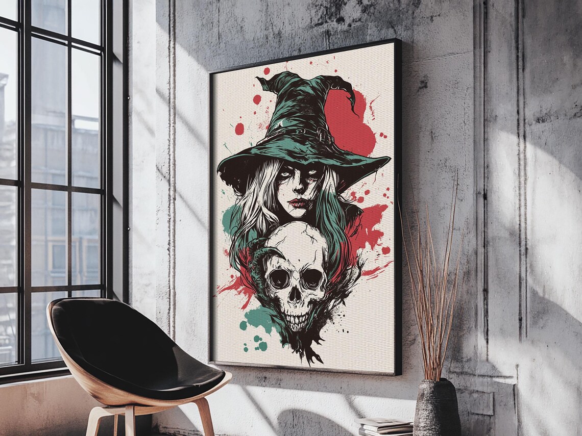 Witch Skull Portrait Dark Gothic Teal Graphic Style Halloween Wall Art Poster - Image 2