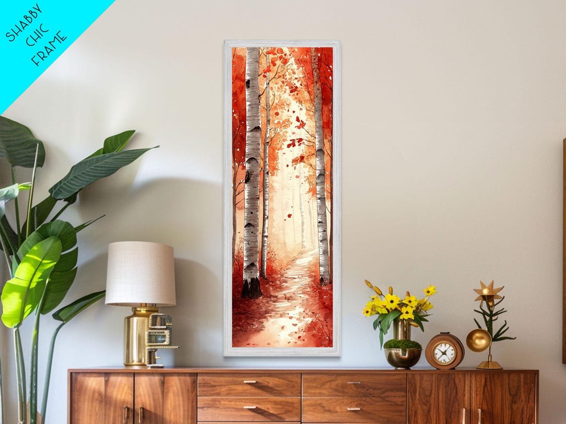 Autumn Birch Trees Glowing Orange Red Foliage Misty Path Art Poster - Image 3