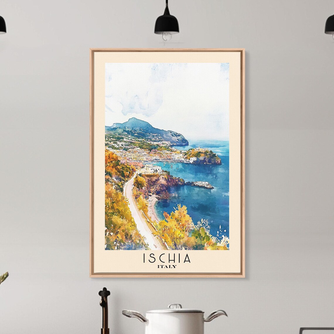 Ischia Italy Coastal Town Harbor Bay Hills Watercolor Travel Poster - Image 6