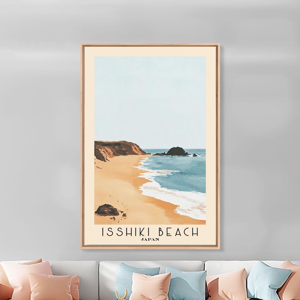 Isshiki Beach Japan Golden Sand Minimalist Cove Watercolor Travel Poster - Image 3