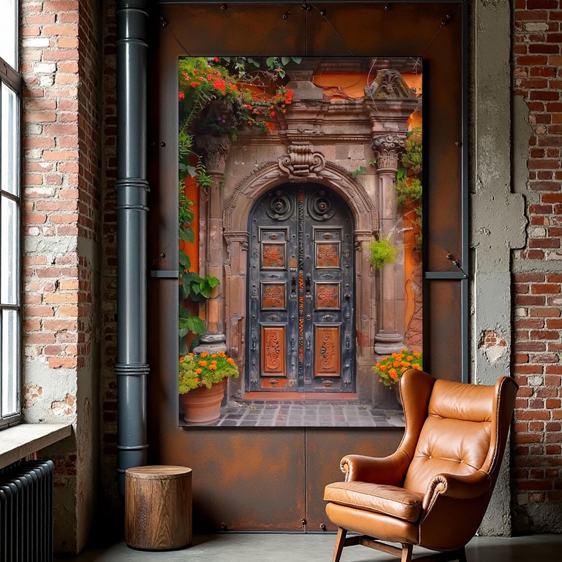 Dark Carved Wooden Double Door Orange Blooms Stone Portal Art Poster - Image 5