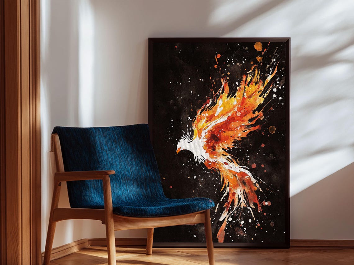 Fiery Phoenix Rising From Flames Watercolor Mythical Bird Poster - Image 3