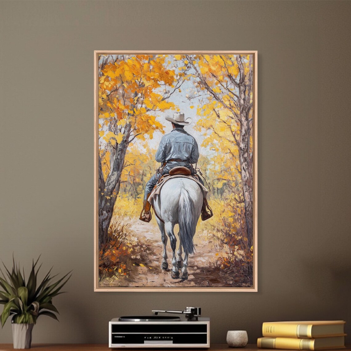 Cowboy Riding White Horse Golden Autumn Trees Tunnel Fall Poster
