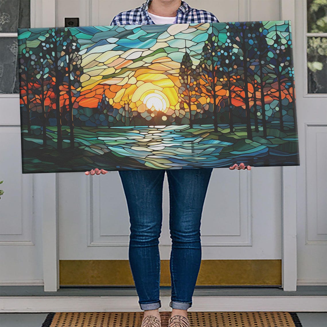 Stained Glass Mosaic Forest Sunset River Panoramic Landscape Poster - Image 4