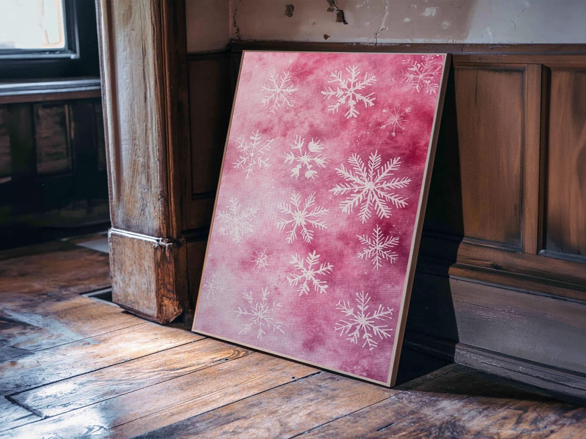 Pink Snowflake Pattern White Winter Christmas Cozy Holiday Wall Art - Image 6