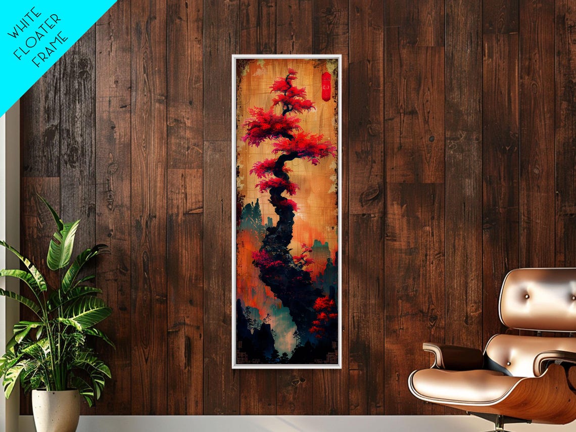 Bonsai Pine With Vivid Red Foliage On Gold Gradient Ukiyo E Art Poster