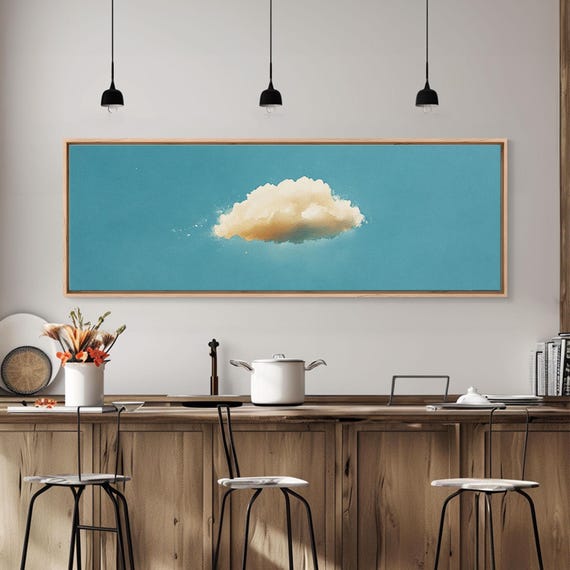 Watercolor Painting Print Of A Single Cloud In A Blue Sky Vintage Moody Cloud Print Boho Ultrawide Above Bed Wall Art