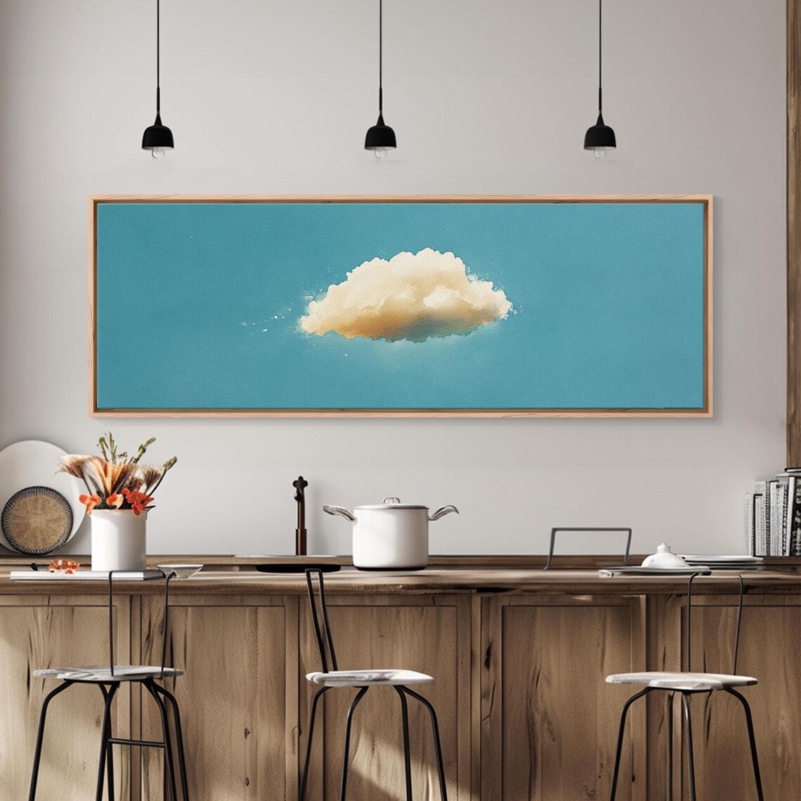 Watercolor Single Cloud Teal Sky Minimalist Serene Wall Art Print