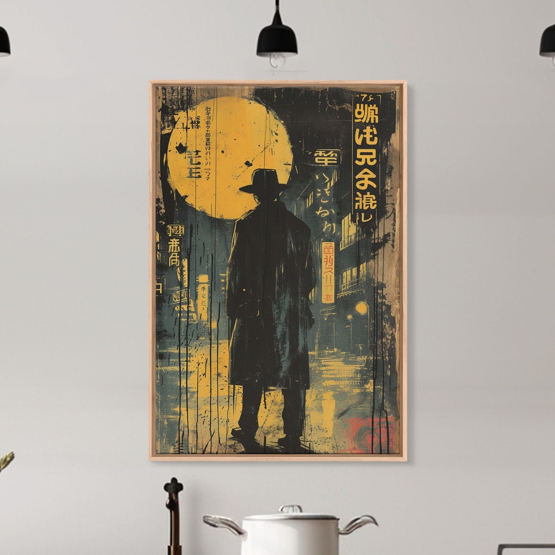 Noir Detective Rainy City Street Yellow Moon Japanese Poster Print - Image 3