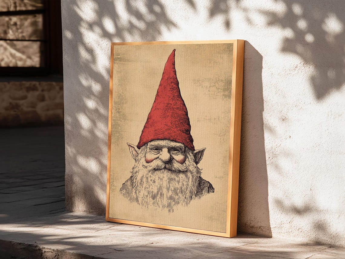 Gnome Portrait Red Hat Sepia Sketch Vintage Christmas Character Poster - Image 4
