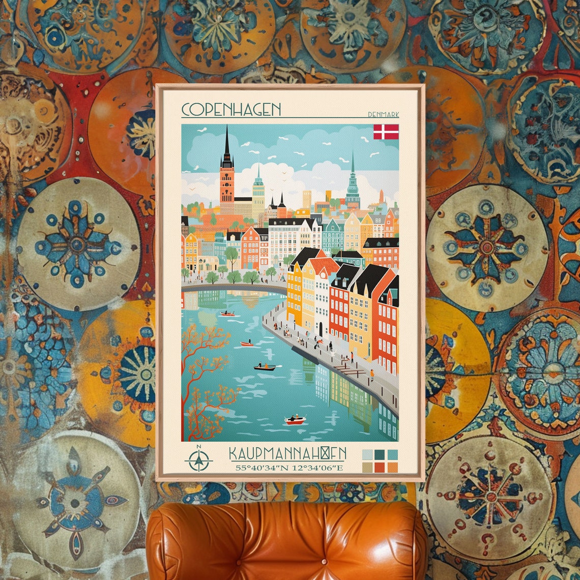 Copenhagen Denmark Harbor Waterfront Church Spires Boat Scene Poster - Image 2