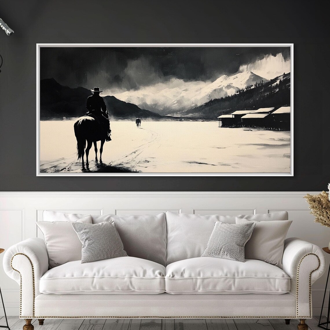 Cowboy Riding Through Snow Toward A Mountain Ranch Black White Print - Image 4