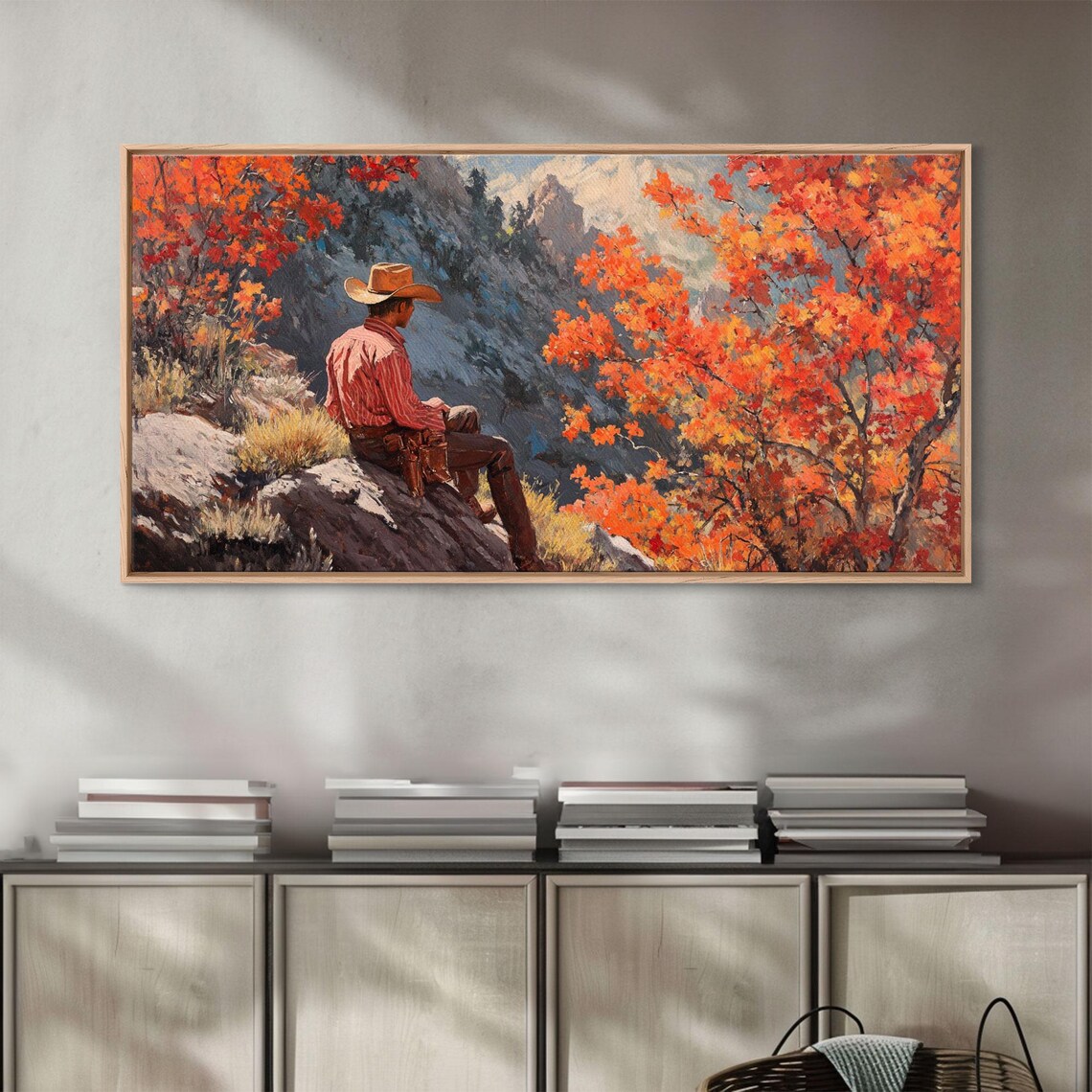 Cowboy Sitting On A Rocky Cliff Overlooking Autumn Mountains Print