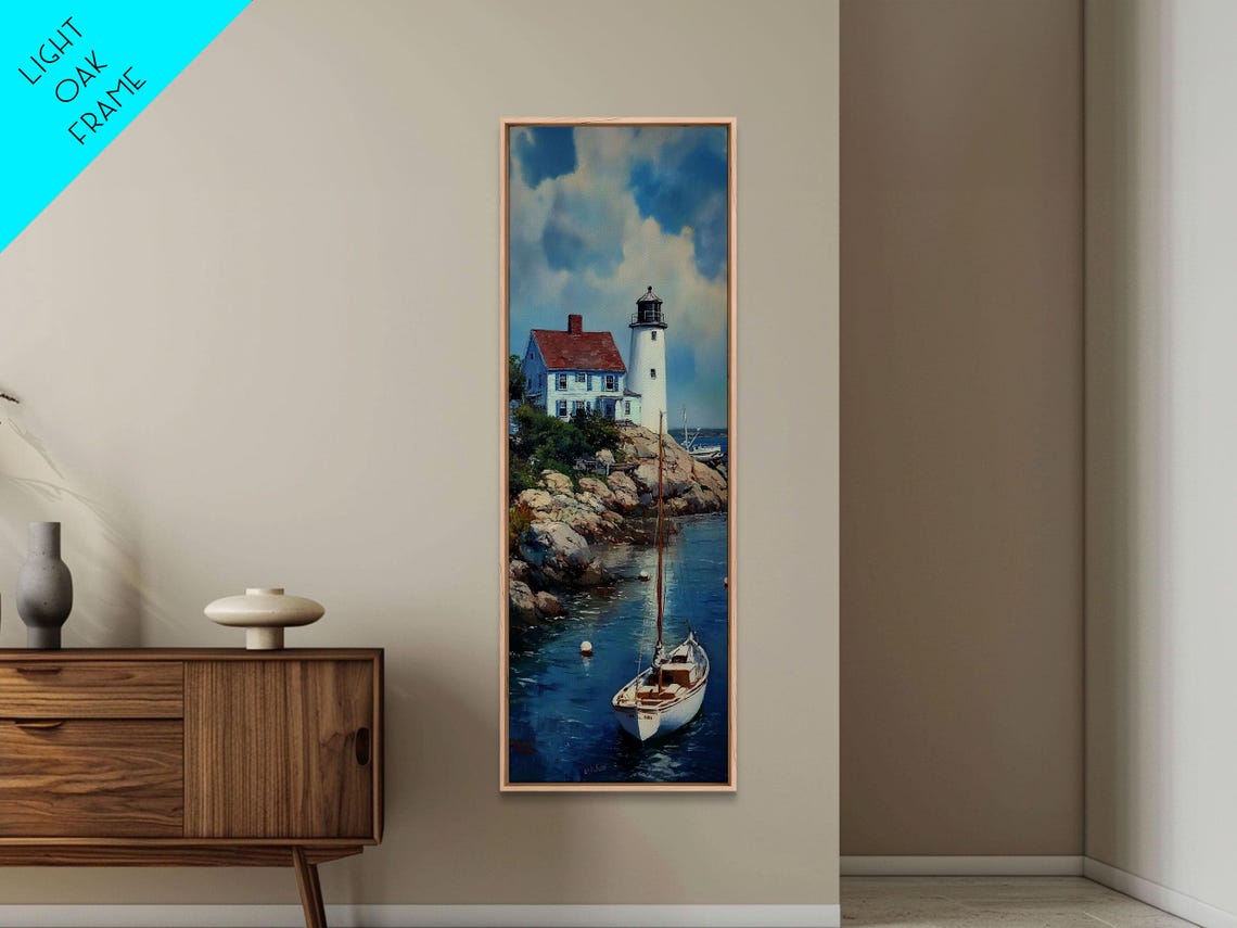 Lighthouse on Rocky Point Sailboat Harbor Blue Seascape Wall Art - Image 3