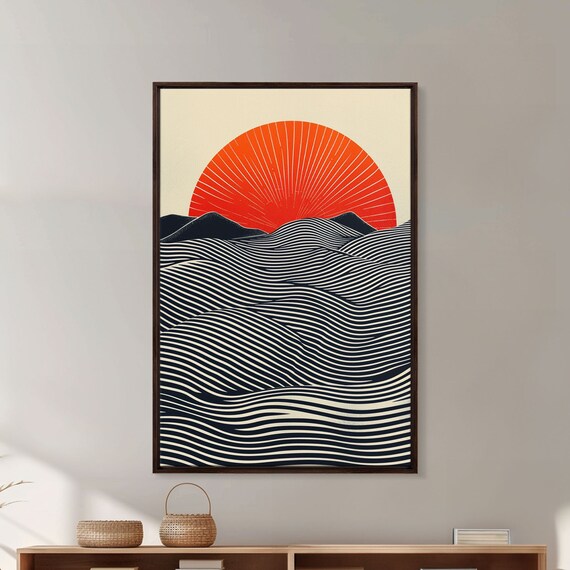 Modern Japanese Sunset Waves Line Art, Japandi Art Print