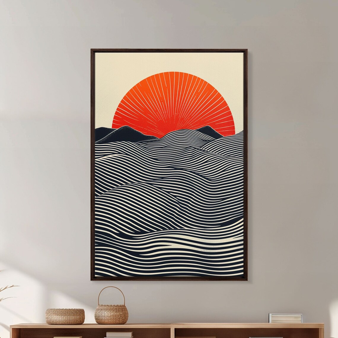 Modern Japanese Sunset Waves Line Art, Japandi Art Print