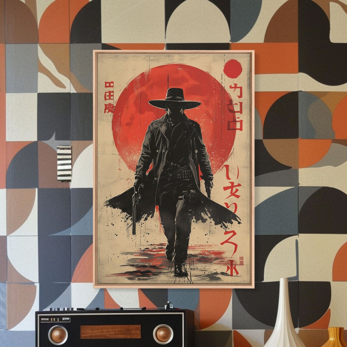 Japanese Cowboy Gunslinger Red Sun Noir Silhouette Western Wall Art