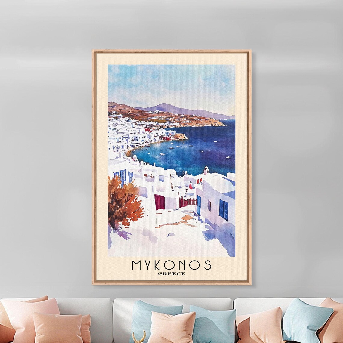 Mykonos Greece White Town Harbor Boats Blue Sea Watercolor Poster - Image 3