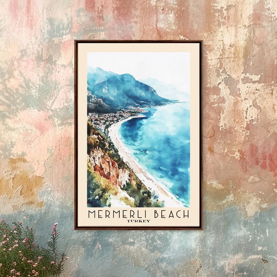 Mermerli Beach Turkey Curved Sandy Cove Seaside Town Watercolor Poster