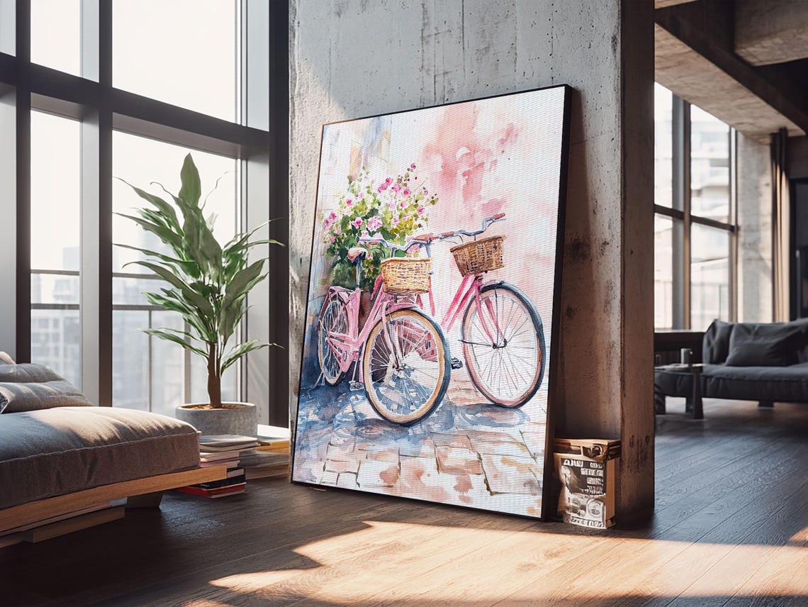 Two Pink Bicycles With Flower Baskets Watercolor Wall Art Print - Image 6
