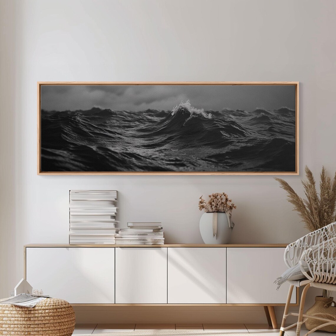 Black And White Ocean Waves Photography Dramatic Dark Seascape Panoramic Wall Art Print - Image 6