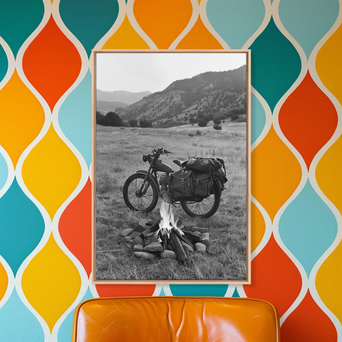 Vintage Motorcycle Campfire Black and White Mountain Night Art Poster - Image 3
