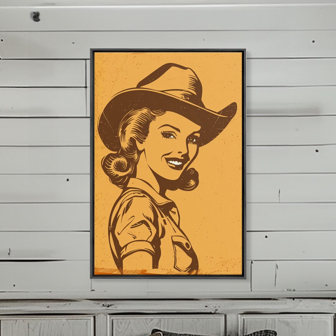 Retro Cowgirl Line Art Orange Pop Art Western Style Wall Print - Image 3