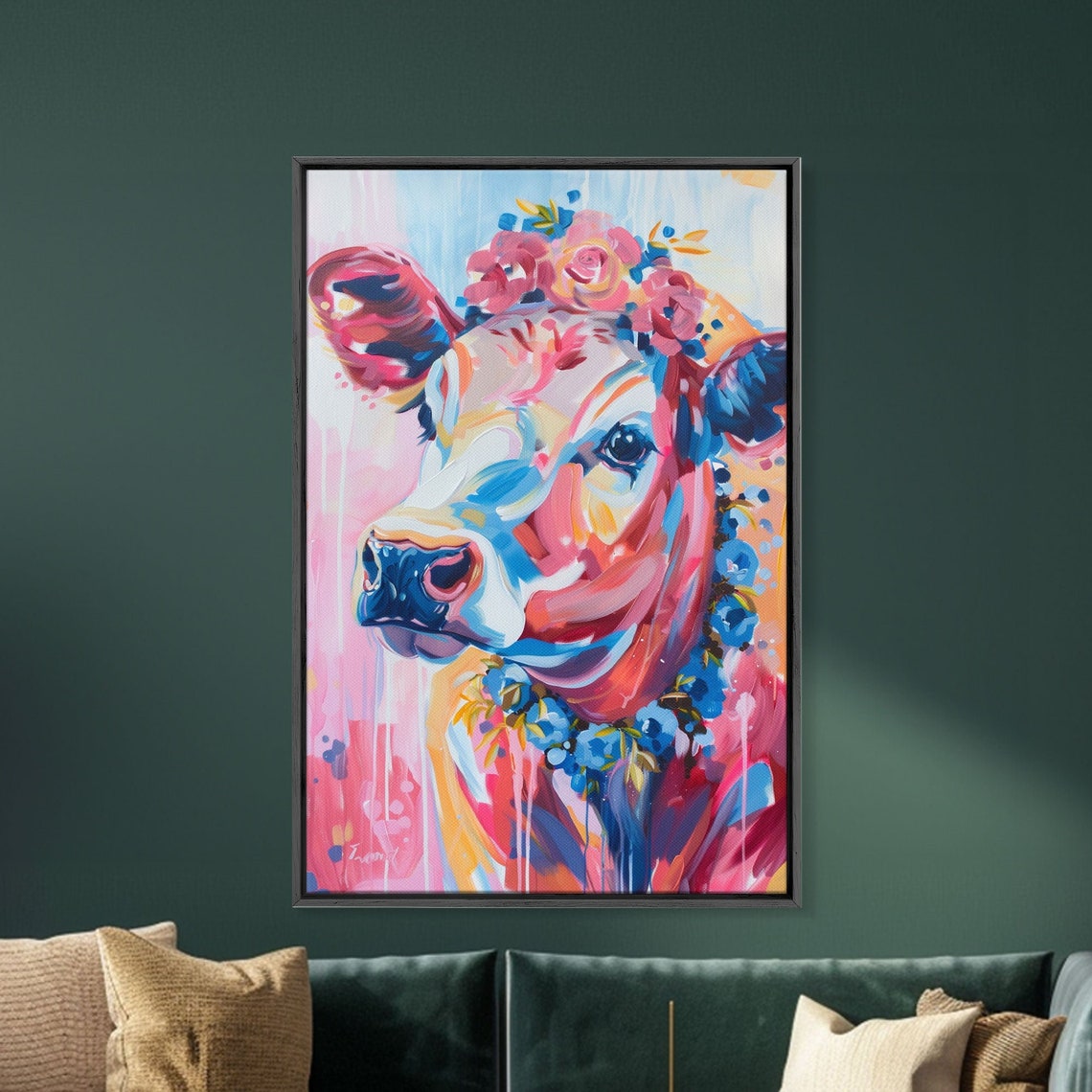 Floral Crowned Cow Portrait Pink Blue Whimsical Pop Art Animal Poster - Image 3