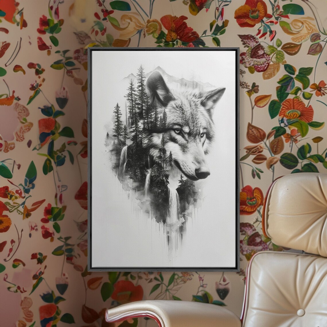 Wolf Forest Landscape, Black And White Minimalist Art - Image 2