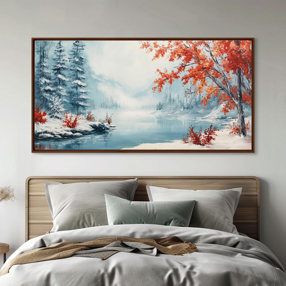 Winter Lake Snowy Pines Red Autumn Tree Icy Shoreline Landscape Poster - Image 3