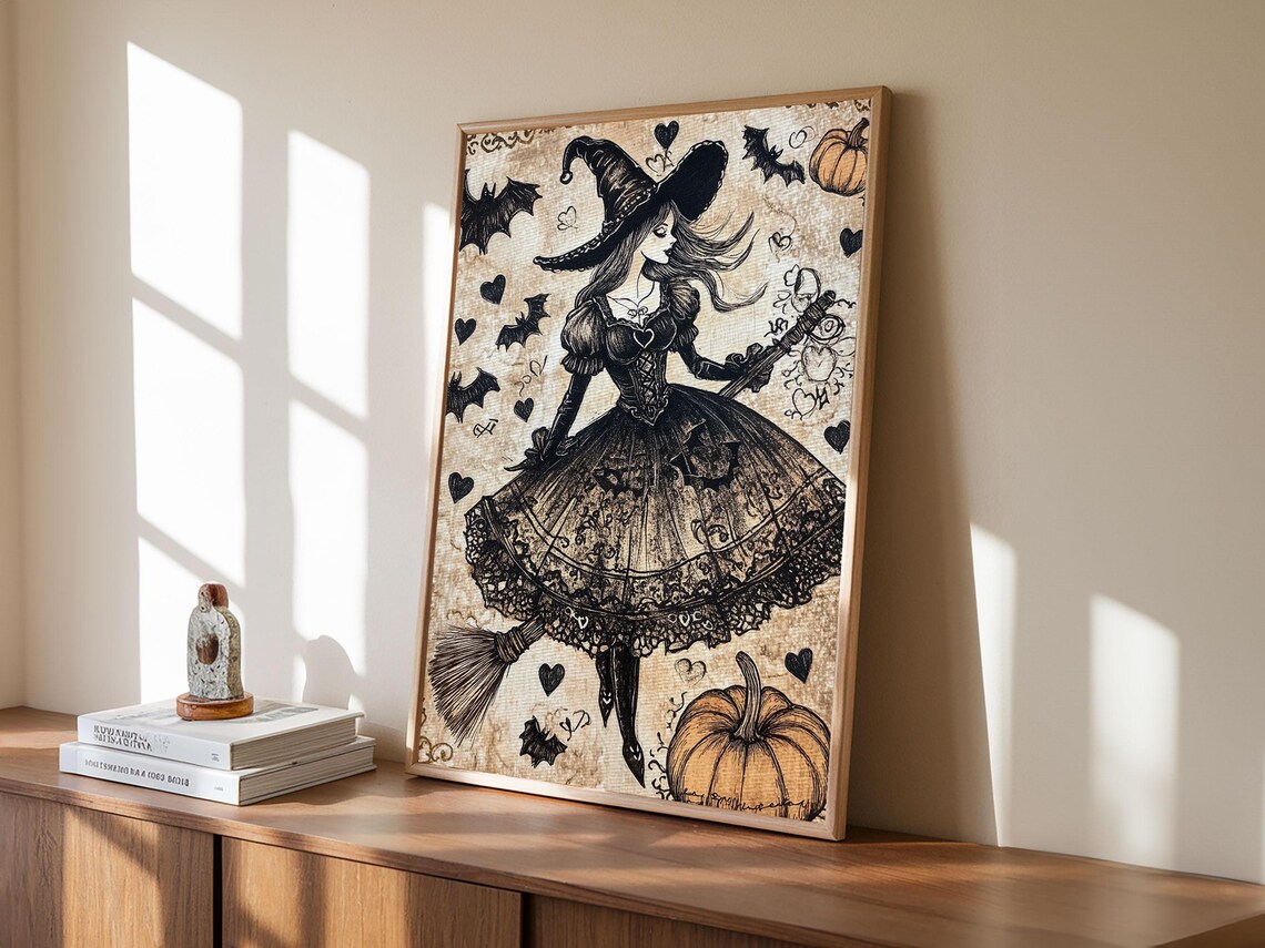 Witch In Lace Dress Flying Broom Vintage Gothic Halloween Pumpkin Art Poster - Image 5