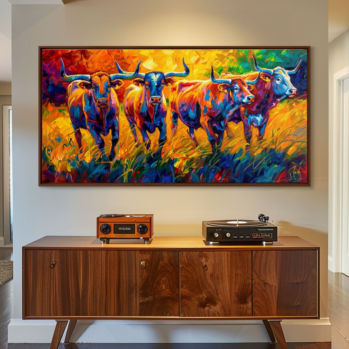 Longhorn Cattle Herd Walking In Golden Grass Fiery Impasto Art Poster - Image 4