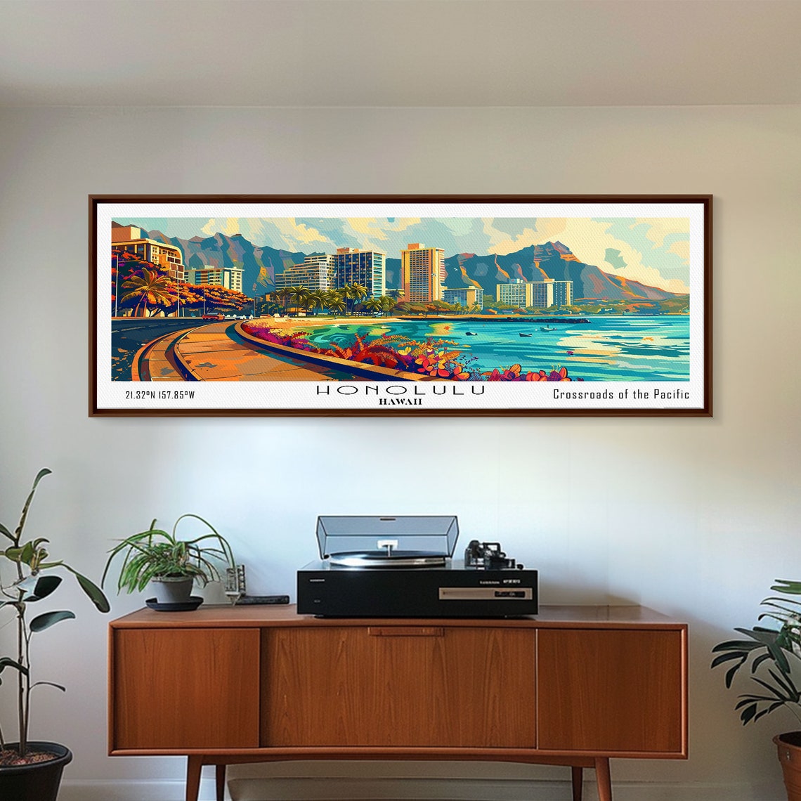 Honolulu Hawaii Panoramic Wall Art Framed Print Mid Century Modern Art Pop Art Style Travel Poster Home Decor Retro Style - Image 3