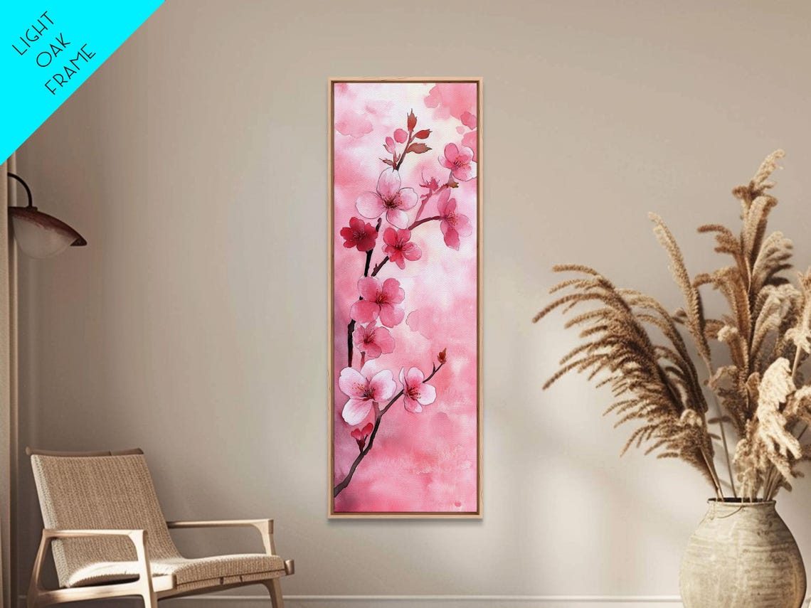 Delicate Pink Cherry Blossom Branch Watercolor Floral Wall Art - Image 3