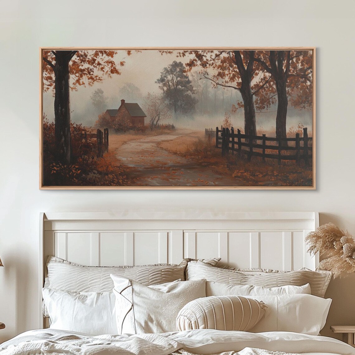 Misty Autumn Farm Road Leading To Red Barn Foggy Morning Art Poster - Image 2